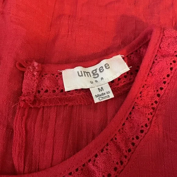 Umgee Dress Women's Size Medium Red Bubble Sleeves Embroidered Boho - Picture 7 of 7